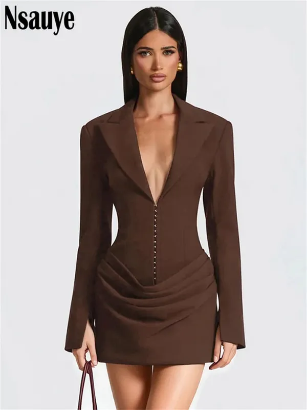 Nsauye Elegant Evening Short Dress Women Fall Long Sleeve Sexy Fashion Night Club Party White Mini Wrap Corset Dress 2025 Winter — image 8
