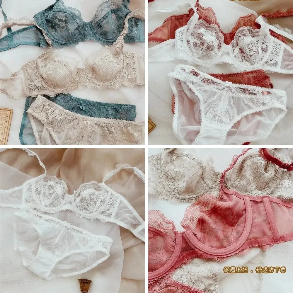 Ultra-Thin Lace Bra & Panty Set Push-Up with Light Padding Sheer Lingerie in Large Sizes