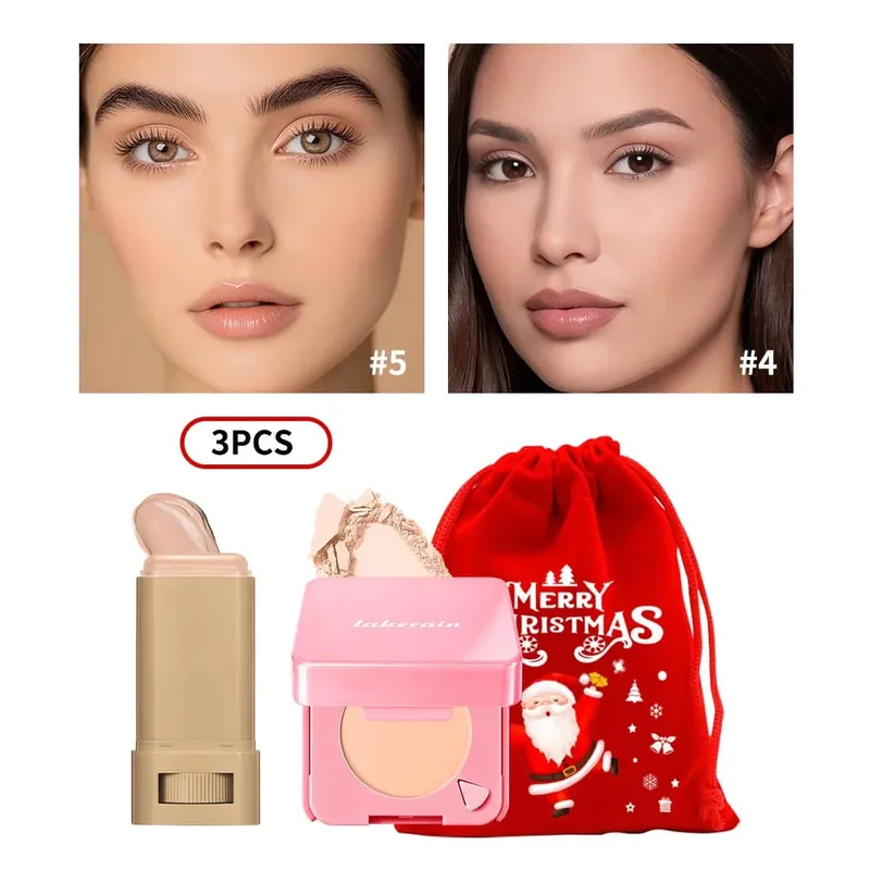 3Pcs Foundation Stick Face Pressed Powder Compact with Christmas Drawstring Bag Long Lasting Matte Face Cosmetic Christmas Gift — image 8