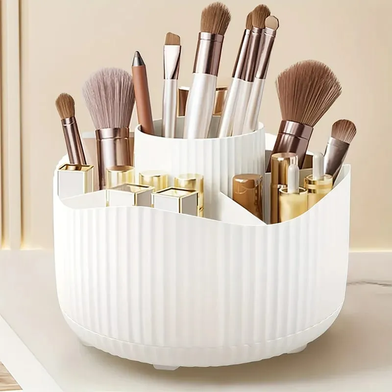 360-Degree Rotating Makeup Organizer 5 Slot Plastic Cosmetic Storage Elegant Stripe Versatile Holder for Brushes Office Supplies — image 10
