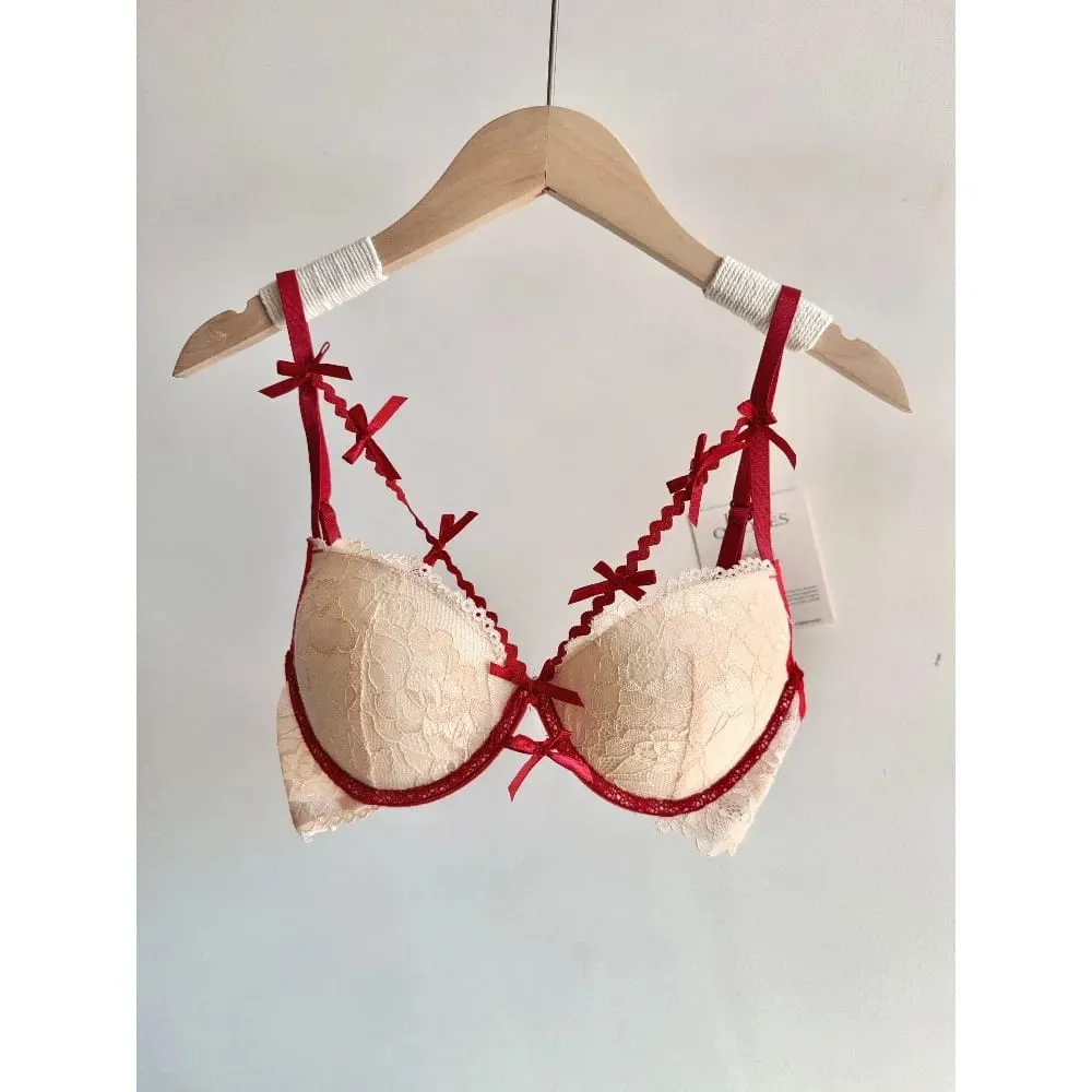 セクシーな Women Red Lace Bridal Lingerie Set Bowknot Push Up Bra Panty Small Bust Pure Style Wedding Party Intimate Underwear 32-38 — image 3