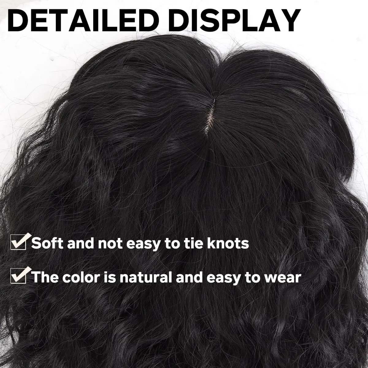 Topper Synthetic corn beard replacement block wig heat-resistant curly hair clip wig on the top of a woman's head
