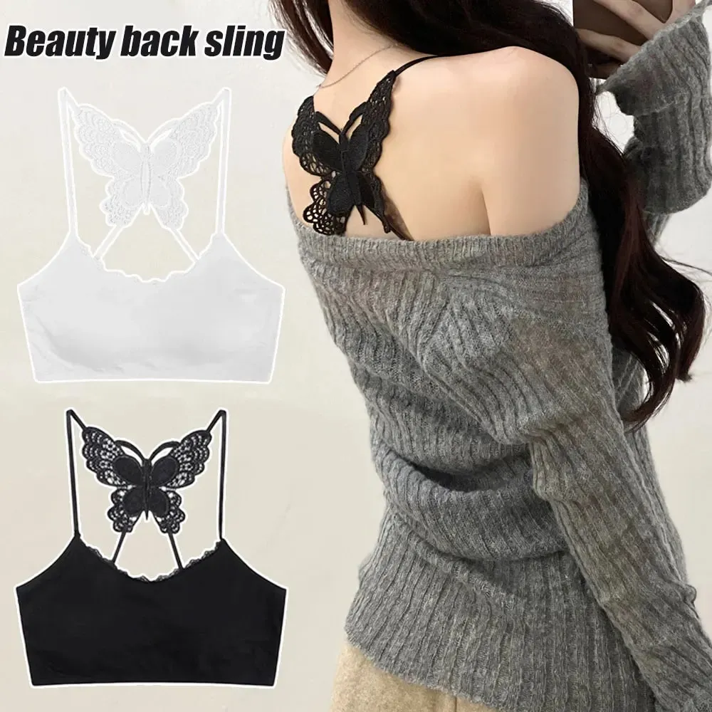Flattering Slim Crop Top Women Lace Butterfly Back Cami Top Padded Built Bra Spaghetti Strap Sleeveless Tank Inner Underwear — image 3