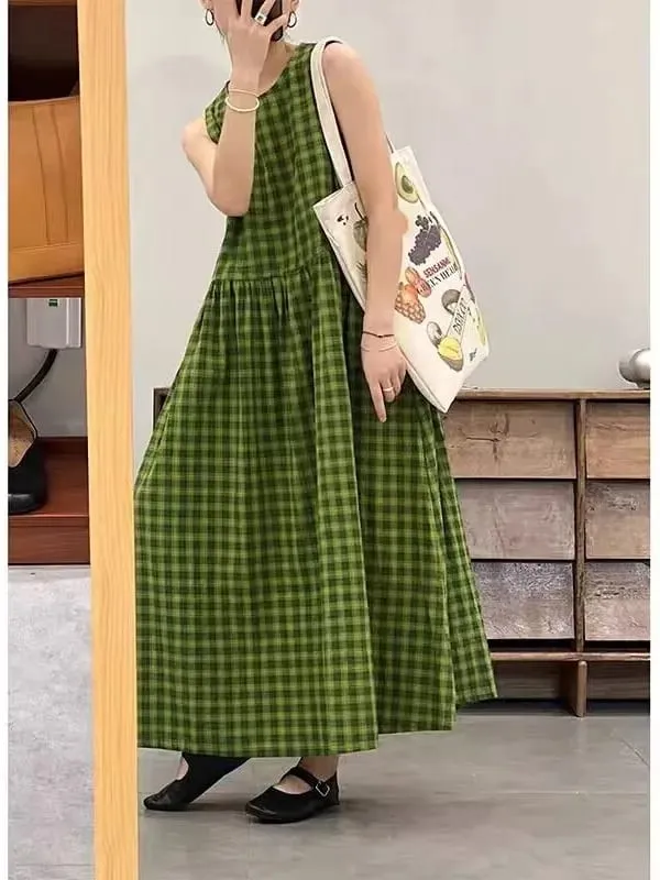 Slimming Plaid Cotton Lin Svel Long Dr Women's plus Size Dstring Waist round Ne Vest Skirt Commute Sle Summer... — image 6