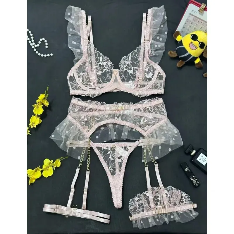 French Sexy Eyelash Lace Women's Lingerie Sets Fancy Floral Embroidery Bra Garter Belt Thong Ruffle Leg Straps Exotic Underwear — image 9