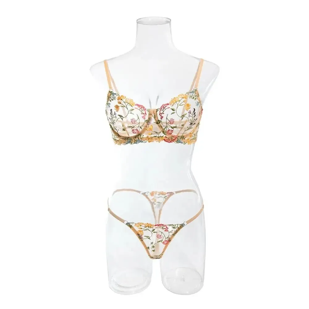 2-Piece Versatile Floral Lingerie Set Embroidery Sheer Women Underwear Boho Bra Panty Set — image 4