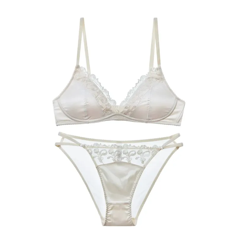 French Style Lingerie Set for Women Thin Non-Wired Triangle Cup Bra Lace & Embroidery Design