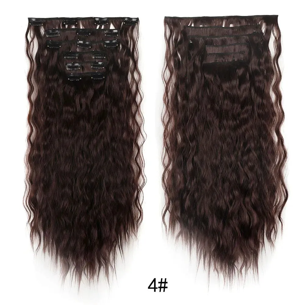 Clip in Synthetic Hair Extensions Brown Blonde Color Mermaid Waves Synthetic Hair Pieces for Women 6pcs Set