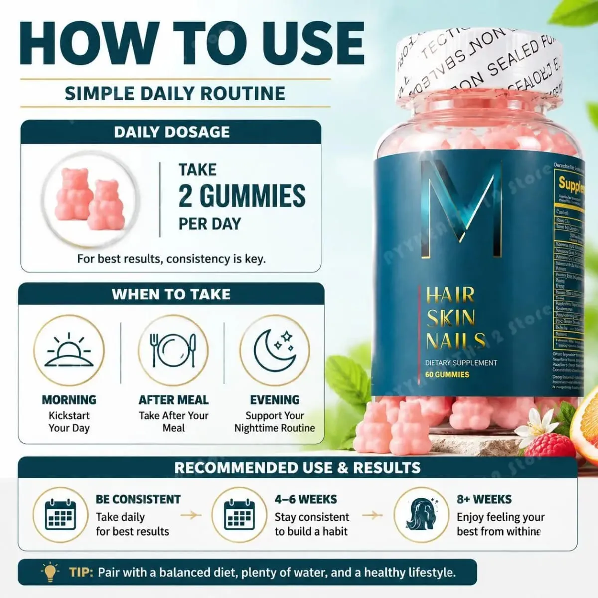 Hair Skin Nails Gummies with Biotin and Zinc Vitamins A C D2 and E Plus B6 and B12 for Radiant Healthy Skin 60 Gummies — image 5
