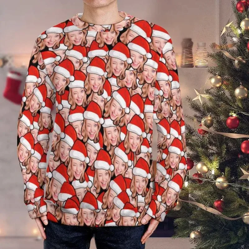 Peribadikan Foto Anda Cetakan 3D Sweater Krismas Hodoh Pakaian Seluar Wajah Keluarga DIY Baju Baju Imej Lucu Hadiah Xmas Peribadi Uniseks — image 7