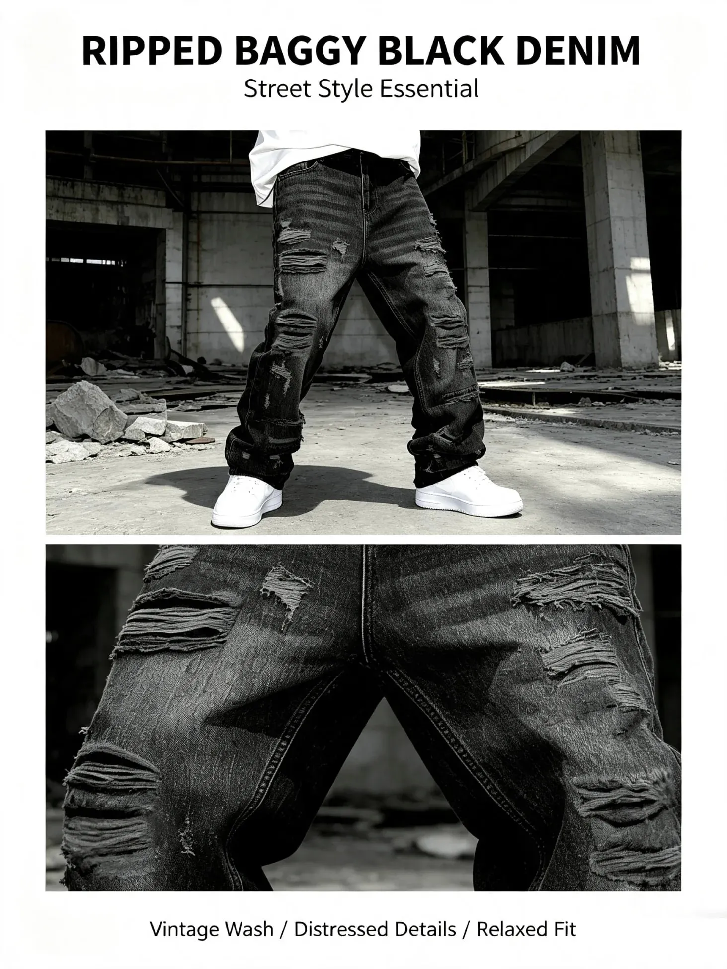 Men Black Ripped Baggy Jeans Y2K Streetwear Denim Pants Vintage Punk Distressed Loose Trousers Drip Swag Alternative Clothes Man — image 9