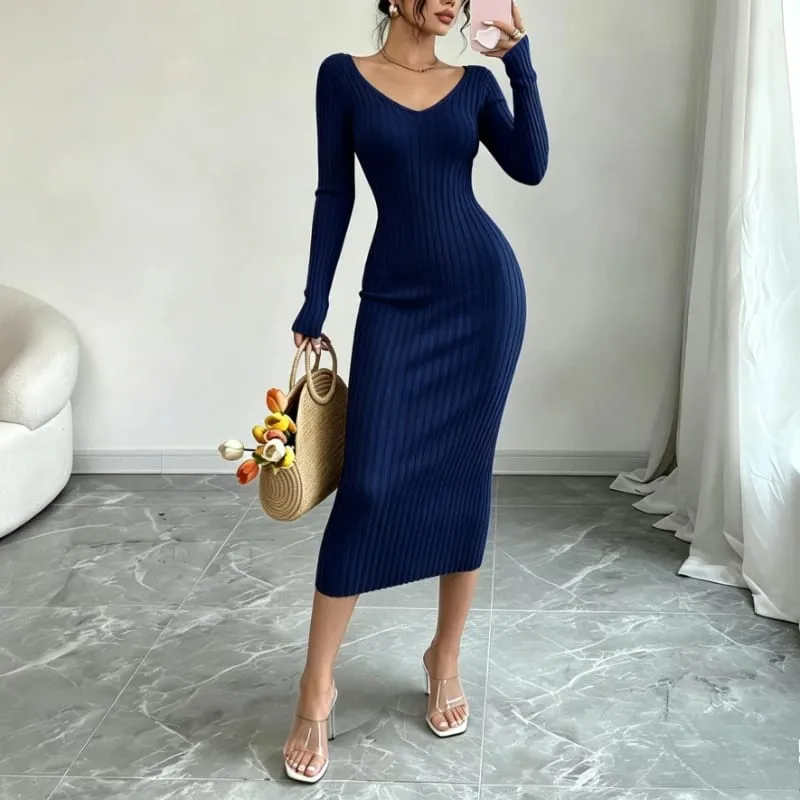 Women Solid Color V‑Neck Ribbed Knit Maxi Sweater Dress Elastic Long Sleeve Bodycon Dress Ladies Casual Party Fashion Dresses — image 4