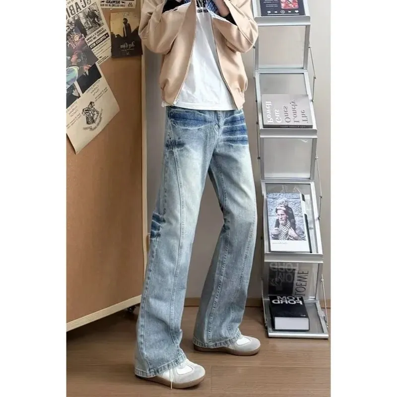 Men's Lightning Pattern Denim Jeans High Street Style Spring Blue Loose Fit Flared Pants Y2K Korean Fashion Tall Size