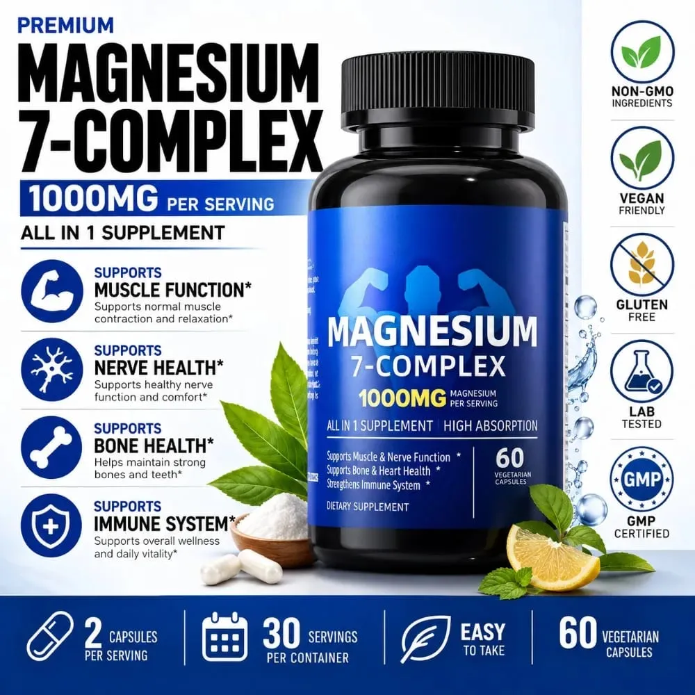 Magnesium 7-Complex Capsules 1000mg with B6 D3 Zinc High Absorption Vegan Formula for Muscle Nerve Bone Heart Support 60 Count — image 1