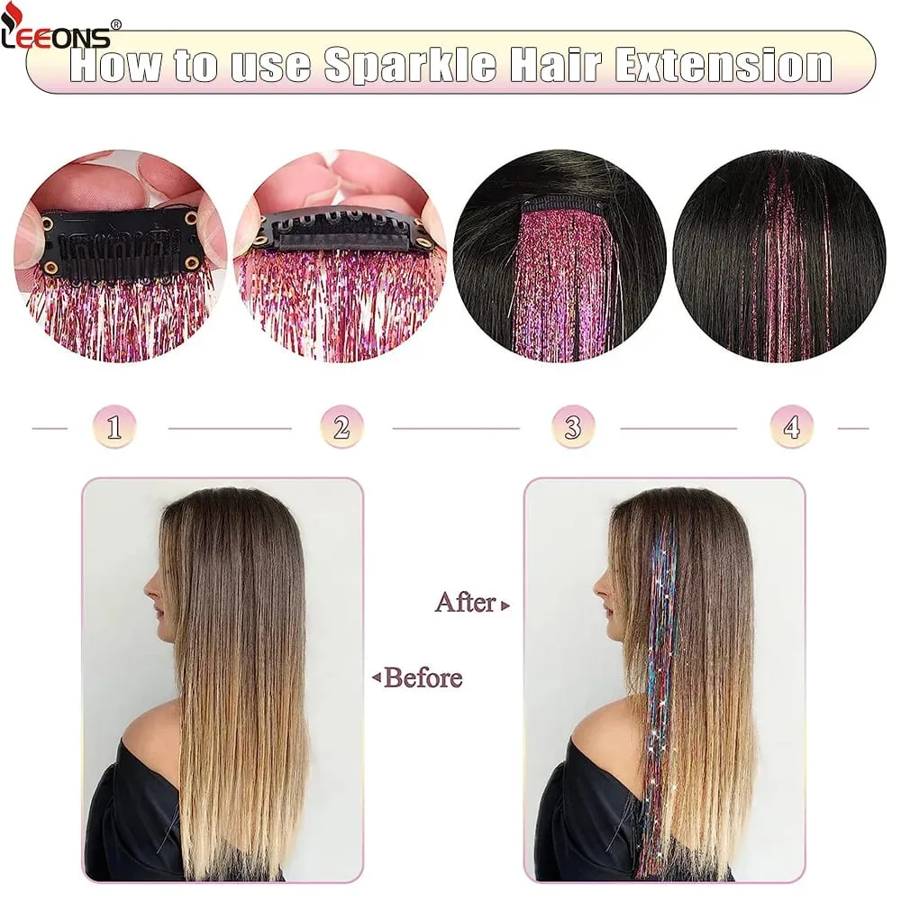 Straight Rainbow Colored Party Highlights Clip On In Hair Extensions Bling Hair Piece Synthetic Hairpieces Sparkling Tinsel Red — image 7