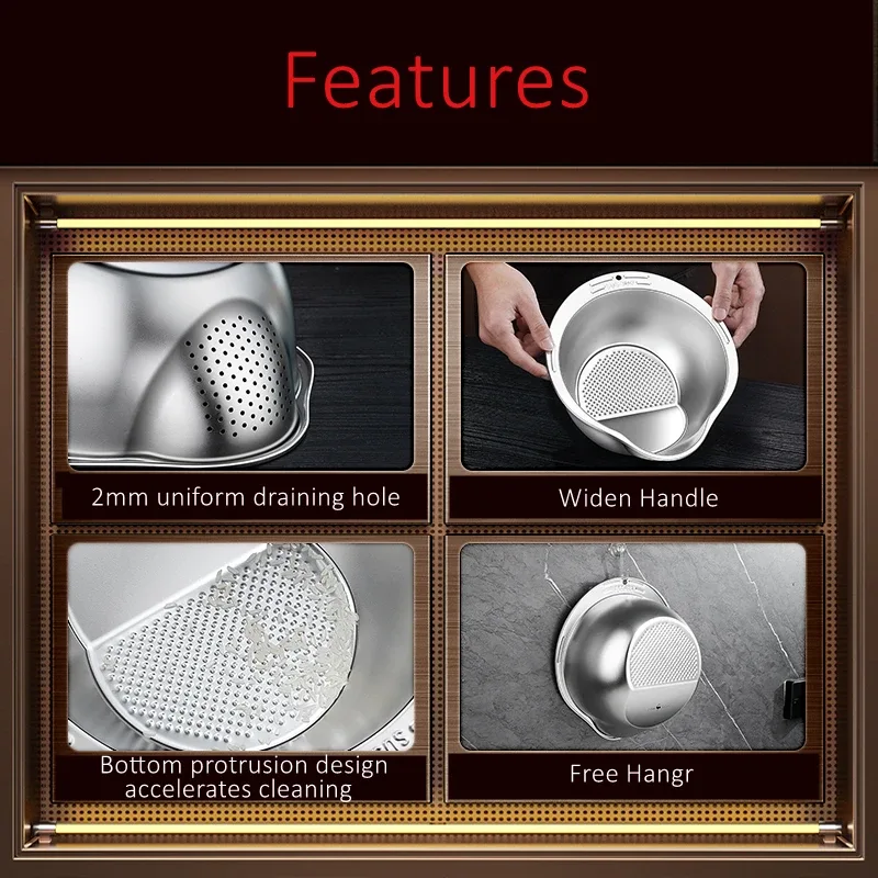 LFGB Certification Pure 316 Stainless Steel Kitchen Washing Basin 99.9% Anti-bacterial Vegetable Fruit Washer with Strainer — image 5
