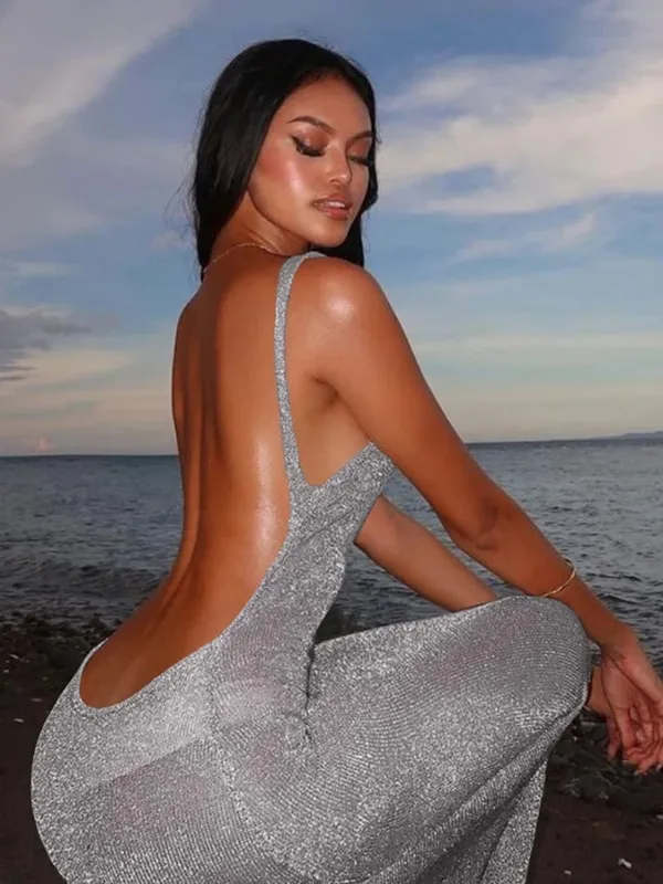 Gaun Tembus Pandang Kucing Aneh Wanita 2024 Musim Panas Tipis Tanpa Lengan Glitter Belahan Coquette Backless Clubwear Pantai Seksi Vestidos — image 8