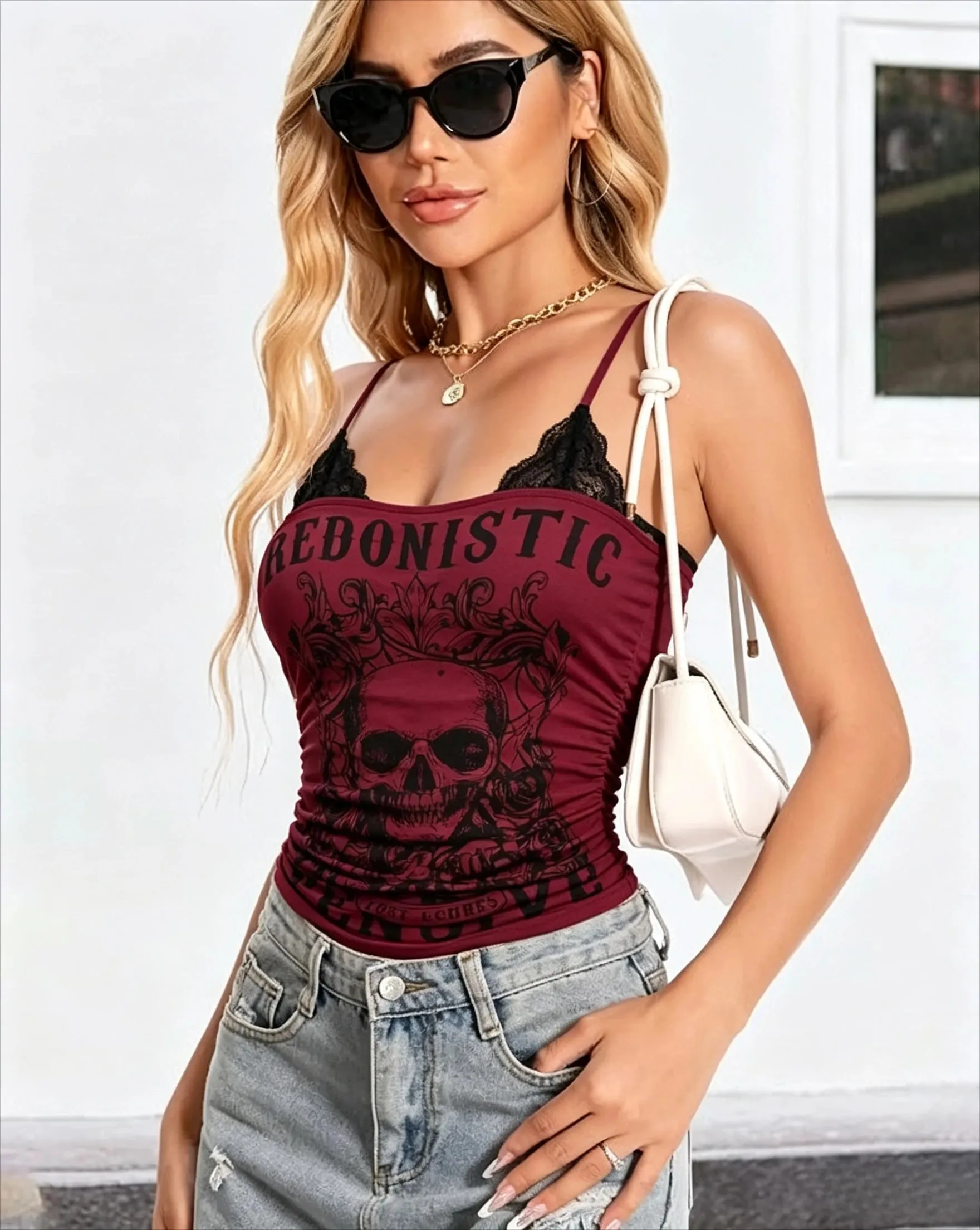 Skull Print Halter Cami Top Lace Trim Tie Back Sleeveless Tank Ruched Waist Vintage Graphic Slim Fit Casual Blouse — image 2