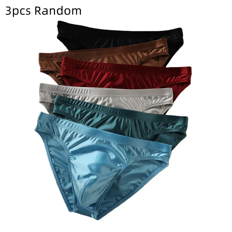 3pcs Men's Ice Silk Briefs Underwear U Pouch Low Waist Ropa Interior Hombre Bikini Mens Slips Cuecas Sissy Panties for Male