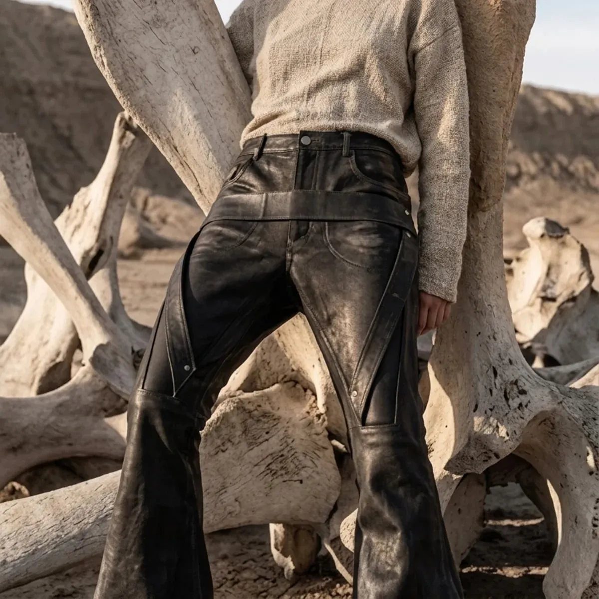 High Street Brush Wax Coated Belt Loops Flared Jeans for Men Straight Washed Vintage Baggy Denim Trousers Oversized Boot Cut — image 3