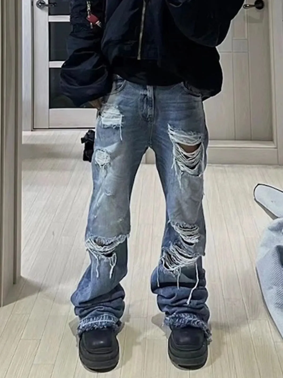 Unisex Wide Leg Flared Jeans Torn Hole Cut with Cat Whisker Fringe Blue for Men And Women ZJ014 — image 5
