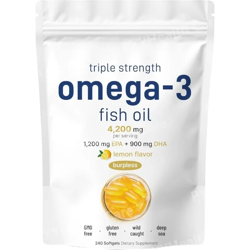 Triple Strength Omega 3 Fish Oil Supplements 4200mg Lemon Flavored Burpless EPA 1200mg DHA 900mg 240 Softgels