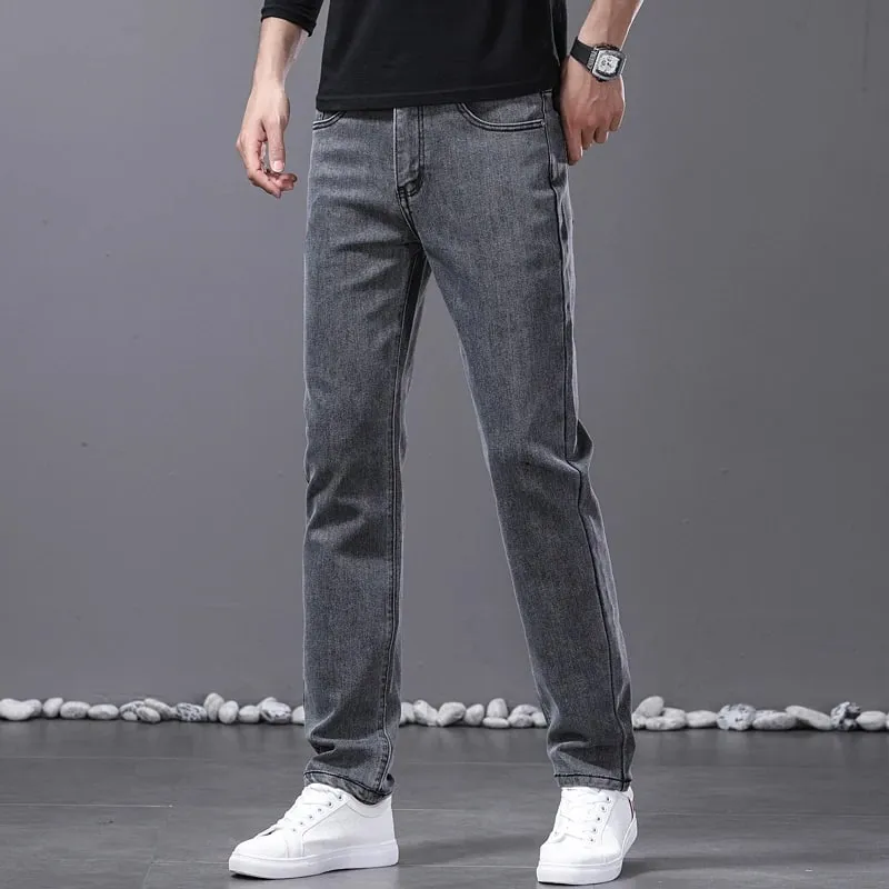 Printemps nouveaux hommes jean droit confortable élastique décontracté affaires travail pantalon rétro bleu mode coupe lavé Denim pantalon — image 5
