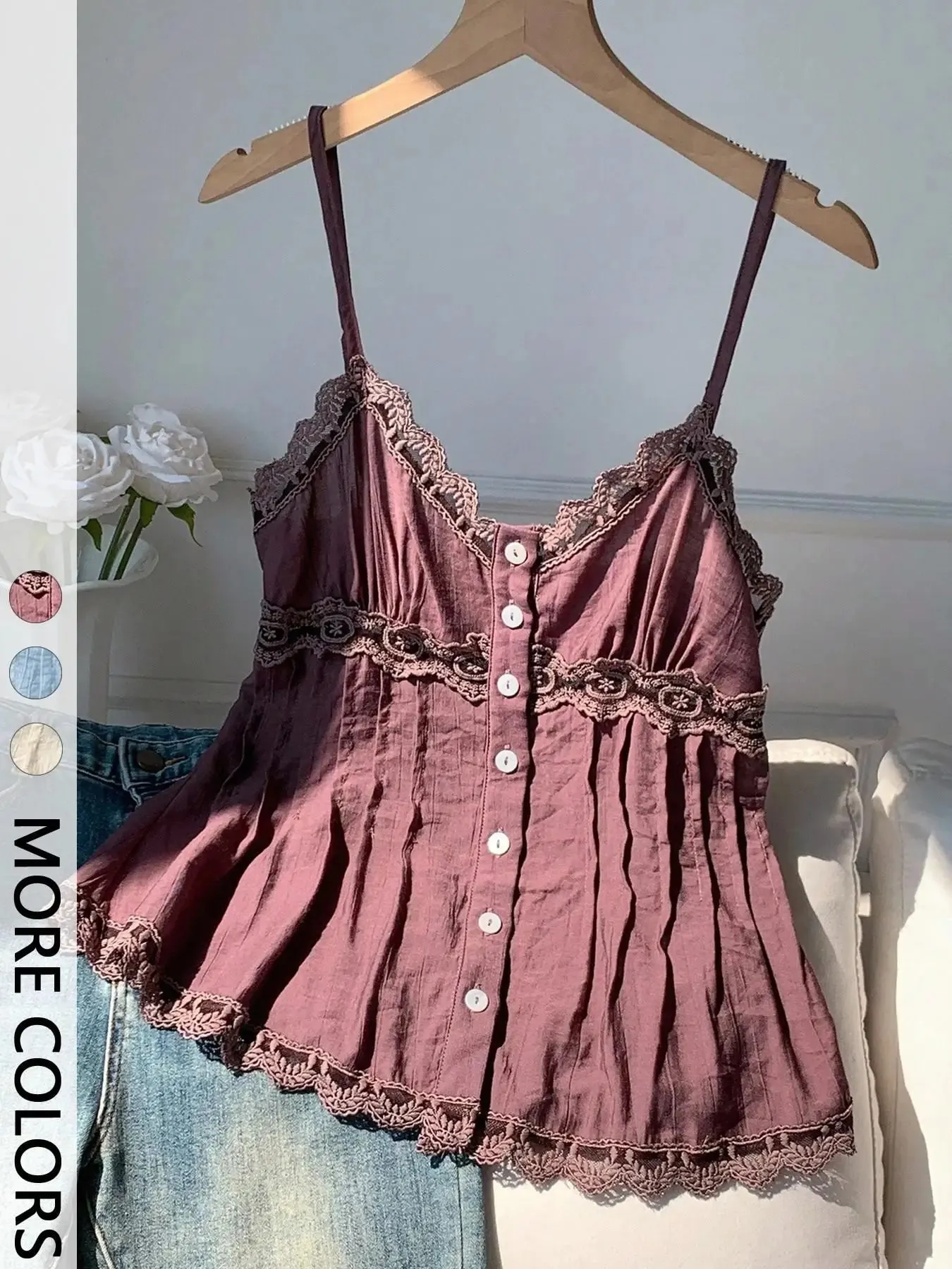 Ladies Lace Trim Pleated Texture Halter Vest V-Neck Design Adjustable Thin Straps One Piece