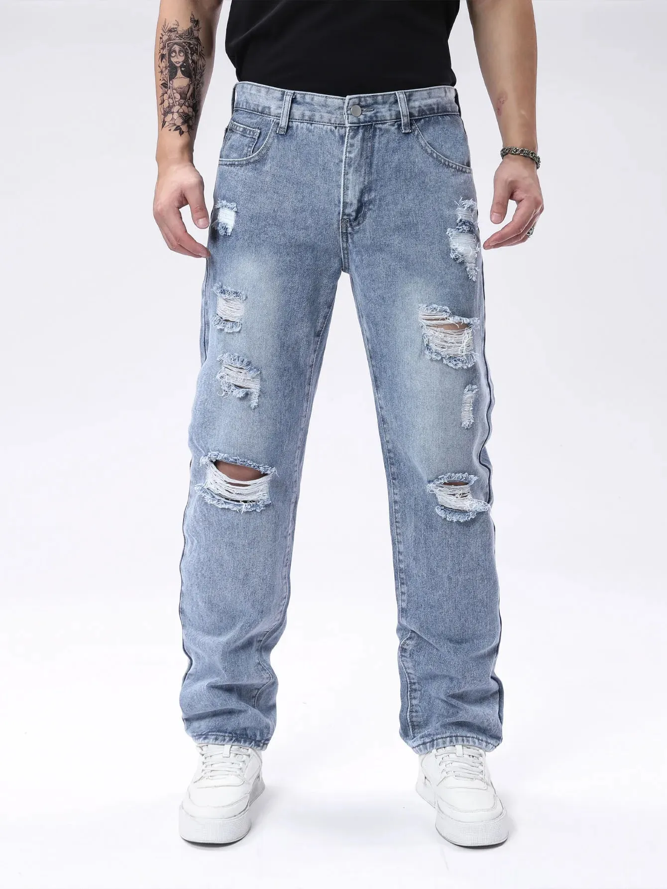 Light Blue Washed Ripped Frayed Denim Jeans For Men Non Stretch Straight Leg Loose Baggy Distressed Pants Vintage Y2K Hip Hop Da — image 7