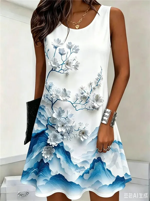 Flower Pattern Women Mini Dresses Summer Sleeveless 3D Floral Printed Street Style Ladies Dress 3XL Plus Size Loose Casual Dress — image 4