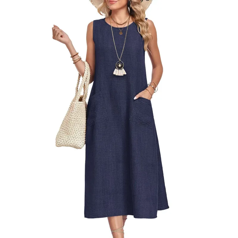 Summer Cotton Linen Sleeveless Maxi Dress For Women O Neck Loose Vest Dress With Pocket Casual Loose Dresses Robe Femme 2026 New — image 1