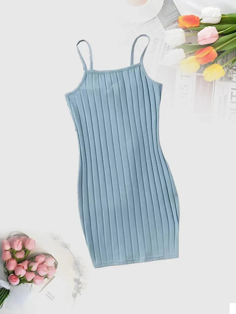 Women Ribbed Spaghetti Strap Mini Dress Sleeveless Square Neck Slim Bodycon Short Dress Summer Casual Basic Cami Dress — image 2