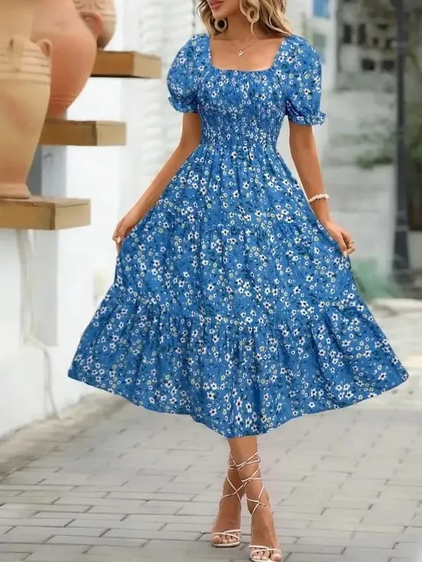 2025 New Women's Printed Dress Square Collar Bubble Sleeve Empire Waist Midi Dress Short Sleeve Cross-Border Independent Station — image 11