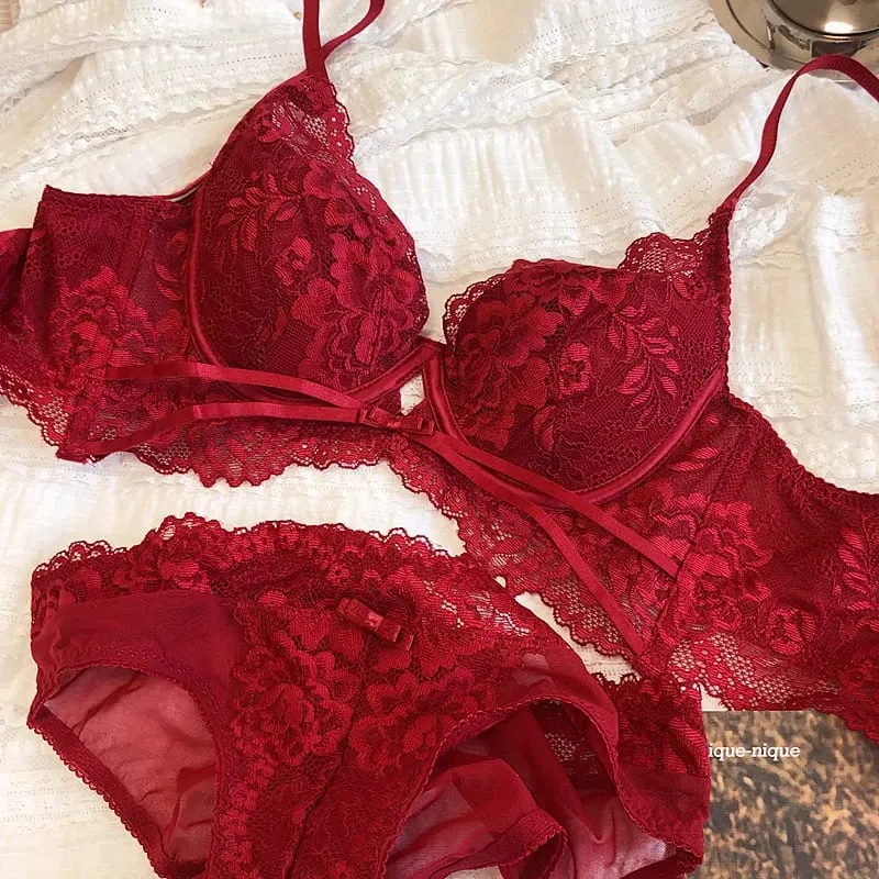 여름 Underwie 얇은 컵 여성 속옷 섹시 할로우 푸시 업 브래지어 세트 프랑스어 레이스 자수 편안한 Bralette 란제리 세트 — image 9