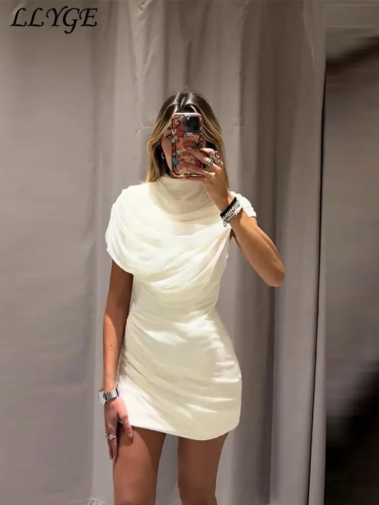 Elegant Mesh Shawl Short Dress Women Pleated Half High Collar Sleeveless Female Dresses 2026 Spring Lady Chic Party Gowns New — image 3