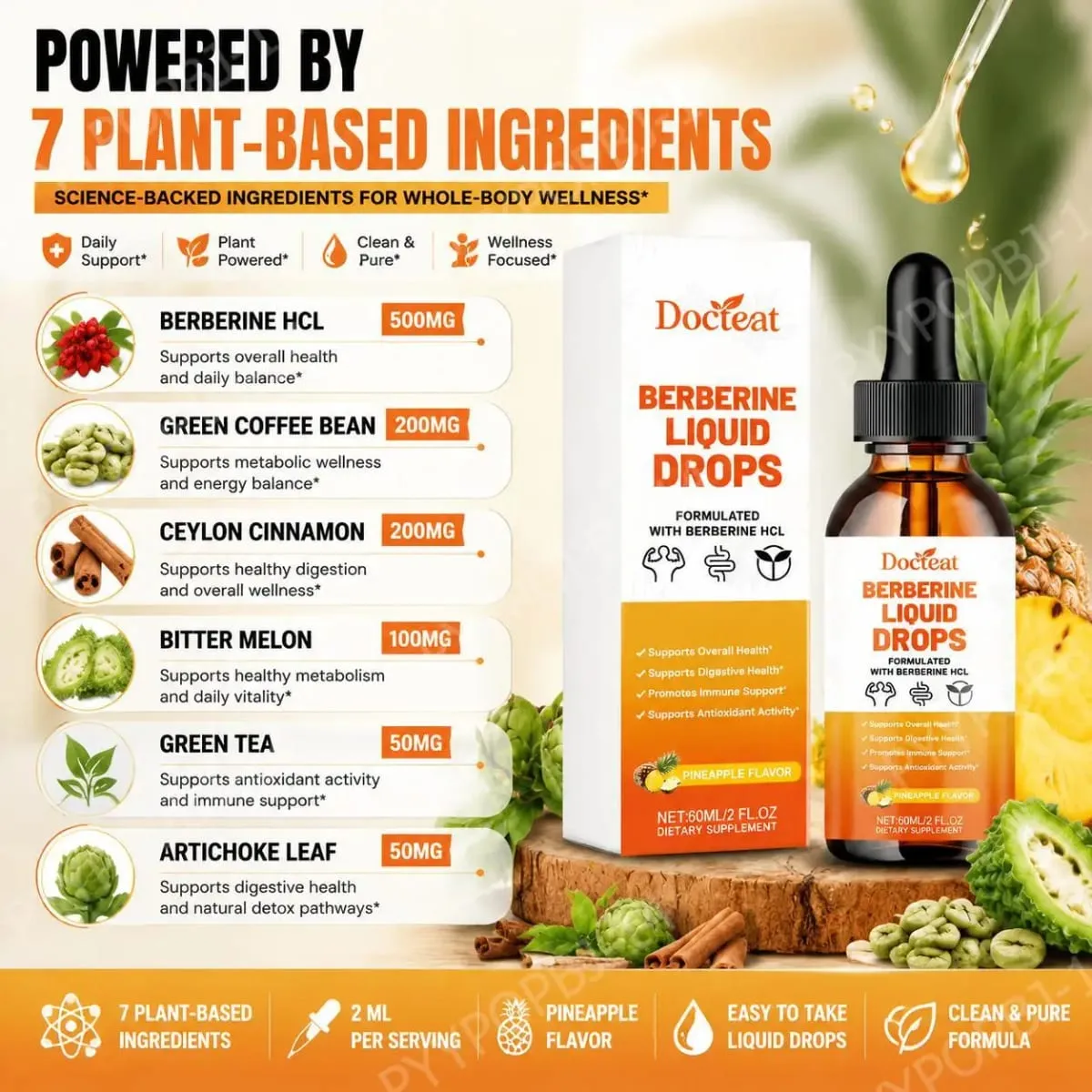 Docteat Berberine HCl Liquid Drops Supports Digestive Health with Ceylon Cinnamon and Green Coffee Bean Pineapple Flavor 60 Ml