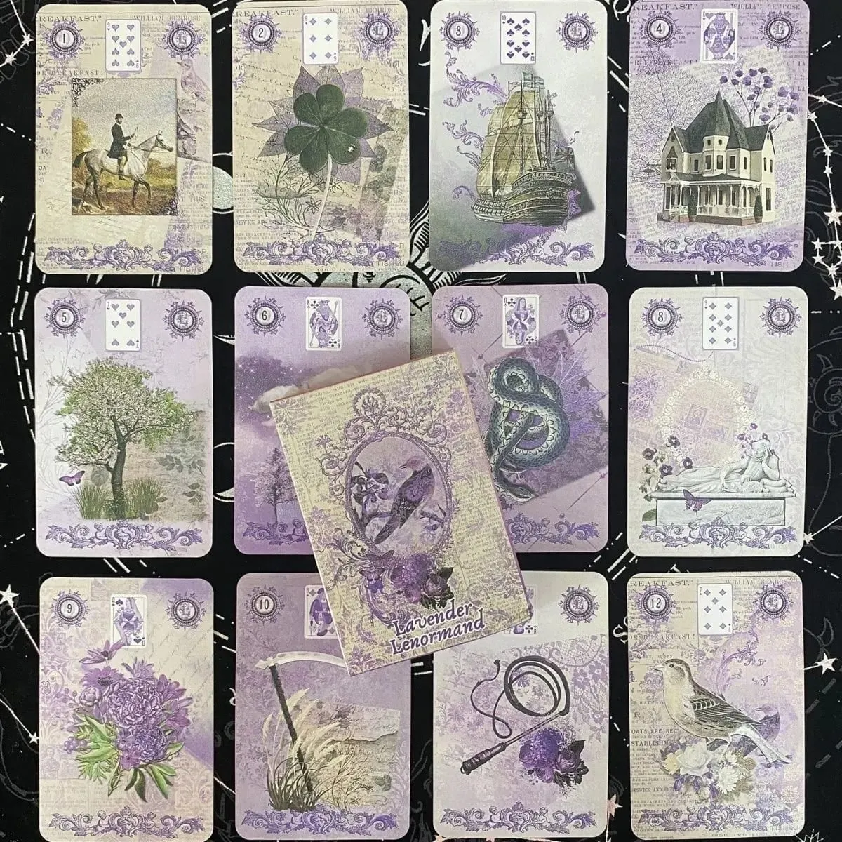 Lavendel Lenormand Deck - 9*6cm 36 kort med vintage botaniska illustrationer Shabby Chic Lila Estetisk Tarot Alternativ — image 6
