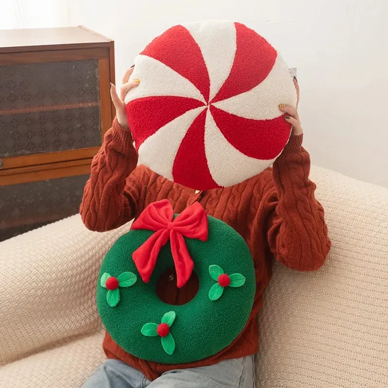 Christmas Day Plush Decor Pillow Stuffed Wreath Snowflake White Red Round Candy Soft Seat Cushion Party Prop Decor Gift — image 5