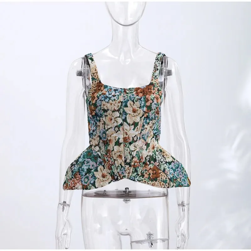 Vintage Floral U Neck Spaghetti Strap Corset Cami Top Curved Hem Fitted 2026 Summer Women Slim Tank Causla Versatlie Lady Top — image 10