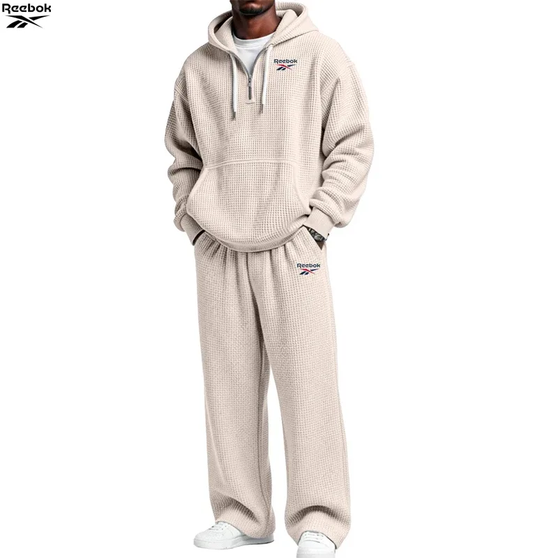 2026 Reebok Brand Spring-Autumn Men's Hooded Sweatshirt Set - Retro Solid Color Loose Fit Street Style Half-Zip Hooded Shirt - C — image 6