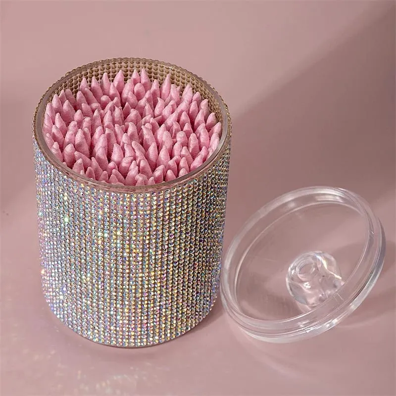 Luxury Diamond Cotton Swabs Storage Case Portable Makeup Cosmetic Organizer Dust-proof Jewelry Storage Container Makeup Tools