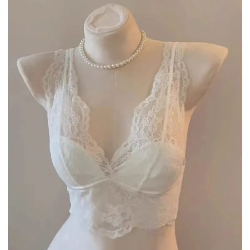Women French Lace Bralette Push Up Gathering No Underwire Backless Bra Sets Sheer Lingerie Outerwear Camisole Summer Tops S- XL — image 2