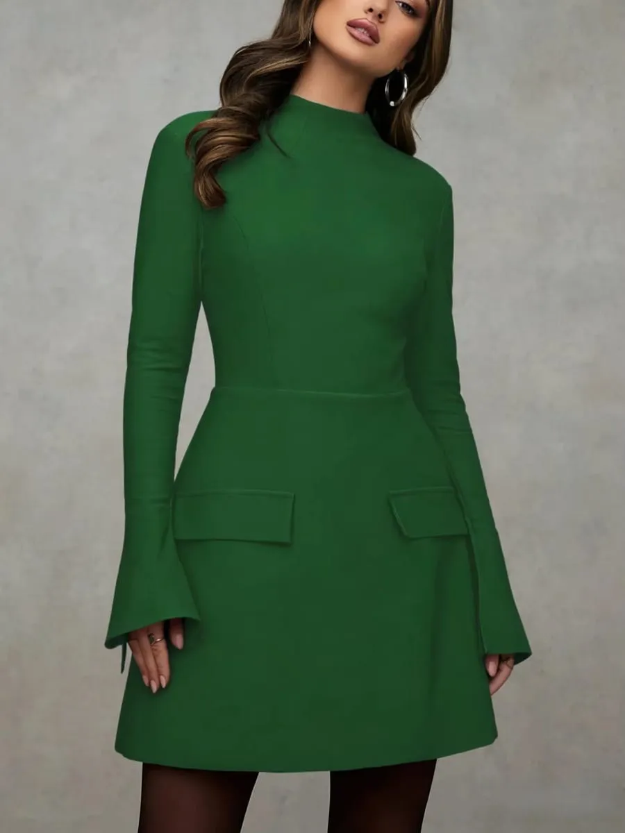 2026 Women Solid Mock Neck Split Flare Long Sleeve Mini Dress Pocket Design A‑Line Elegant Work Party Short Dress — image 5