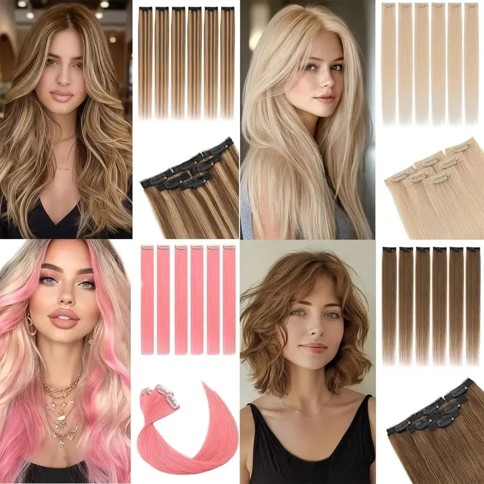 S-noilite 6 PCS Remy Clip In Human Hair Extensions Single Clip Ins Thick Hair Extensions Highlight Seamless Hairpieces for Women