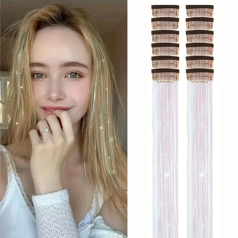 12pcs Per Pack of BB Hair Clips Shiny Metallic Hair Extensions with Clips Synthetic Hair Sparkling Hair Accessories for Women — image 10