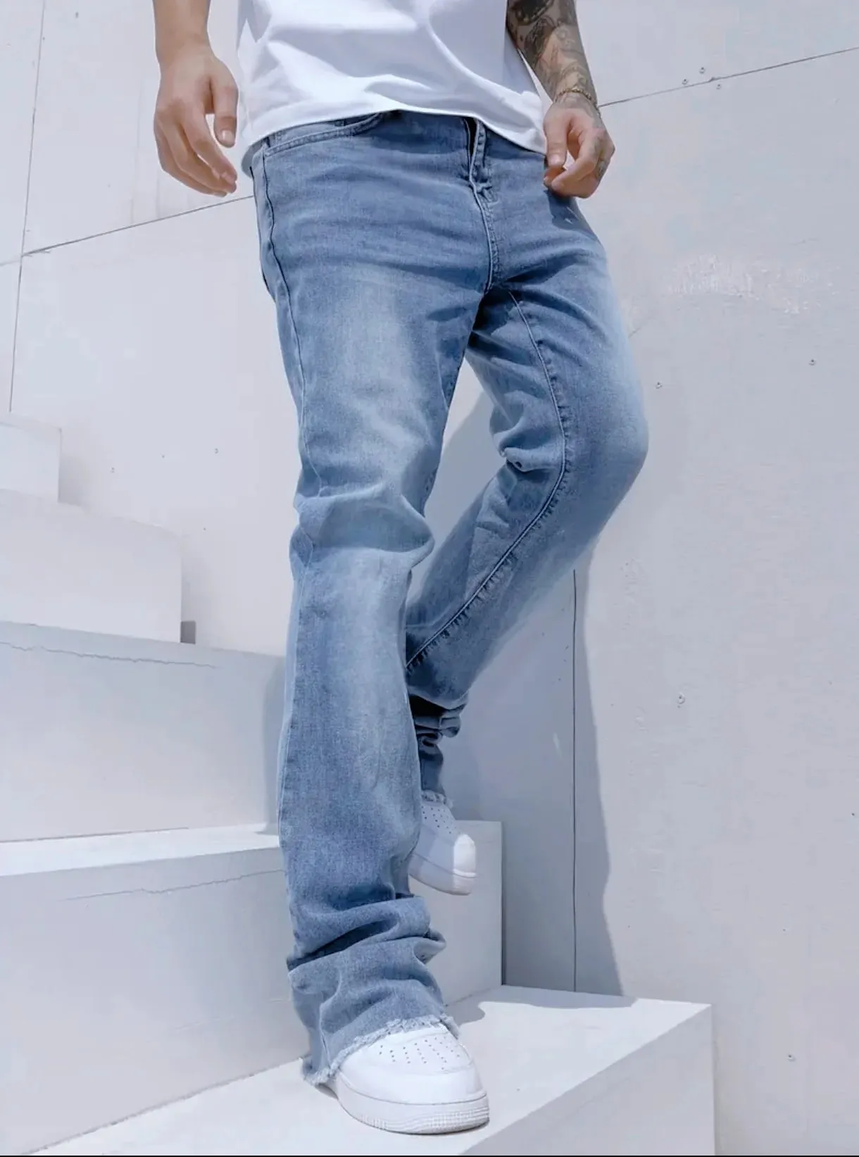 Slim Straight Jeans Men Sky Blue Fringe Cuff Detail Jeans Classic Mid Waist Solid Tone All Season Long Pants Urban Daily Stylish — image 5