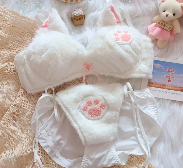 Cute Cat Paw Plush Lingerie Set for Women Warm Winter Bra & Panty with Ears Comfortable Kawaii Underwear — image 10