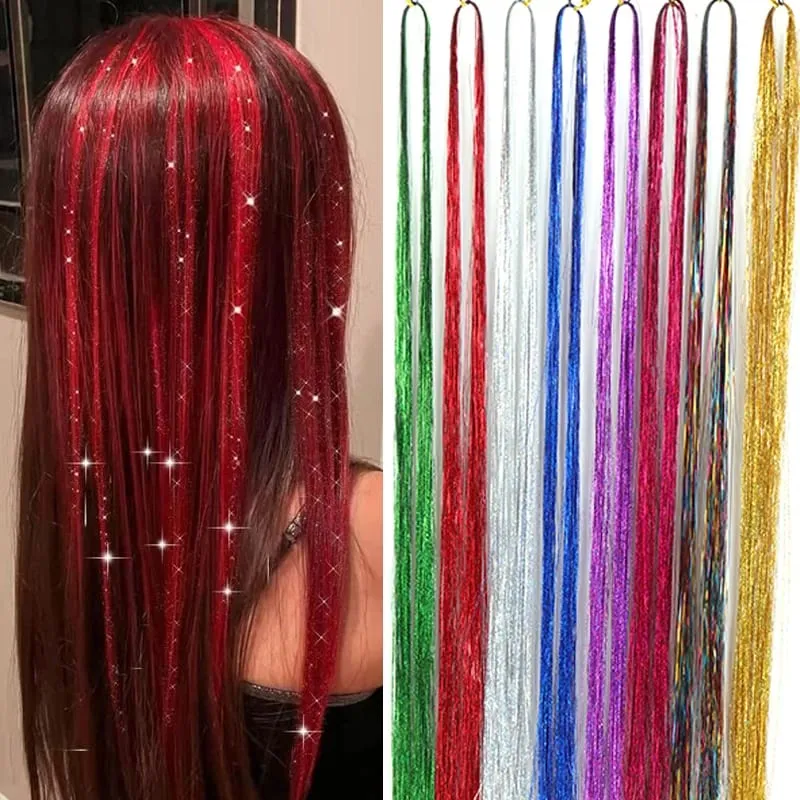 1PCS Sparkling Shiny Tinsel Hair 48inch Long Colored Hair Extensions Party Hightlights Women Hairpiece Halloween Christmas Use — image 2