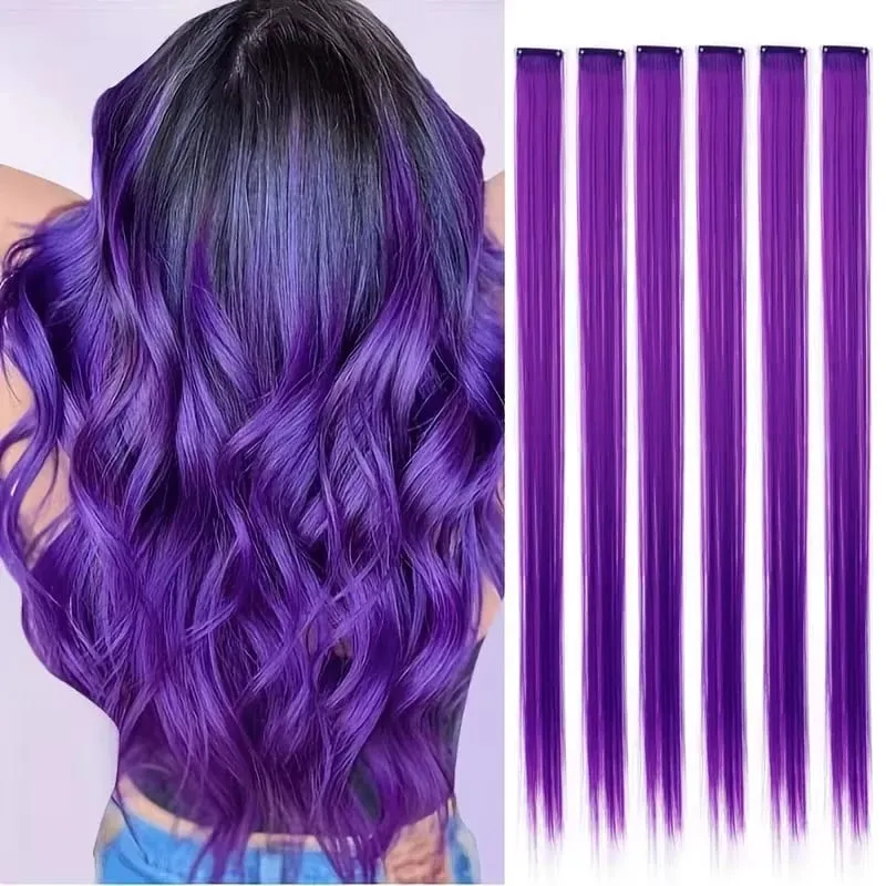 22Inch Synthetic 6pcs Long Straight Hair Extension Colored Rainbow High-Temperature Fiber Hairpiece for Women Daily Party Use