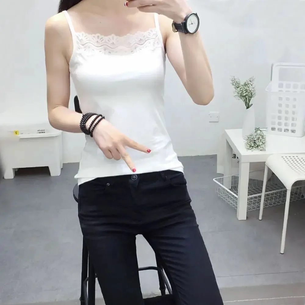 Casual Spaghetti Strap Summer Tank Tops With Lace Slim Cami Top Shirt Sport Underwear Vest Corset for Women